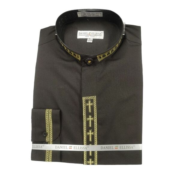 MEN'S DANIEL ELLISSA BLACK W/GOLD EMBROIDERY BANDED COLLAR DRESS SHIRT. DS2005C. - Picture 1 of 4